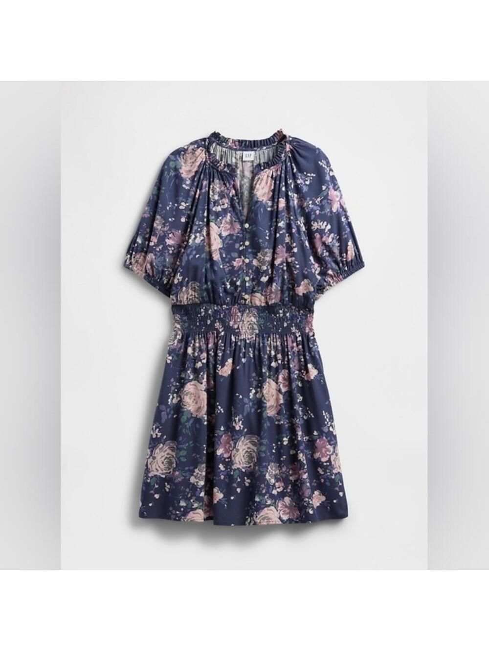 NWOT Gap Relaxed Smocked Splitneck Mini Dress blue pink Floral LP petite - Picture 4 of 4